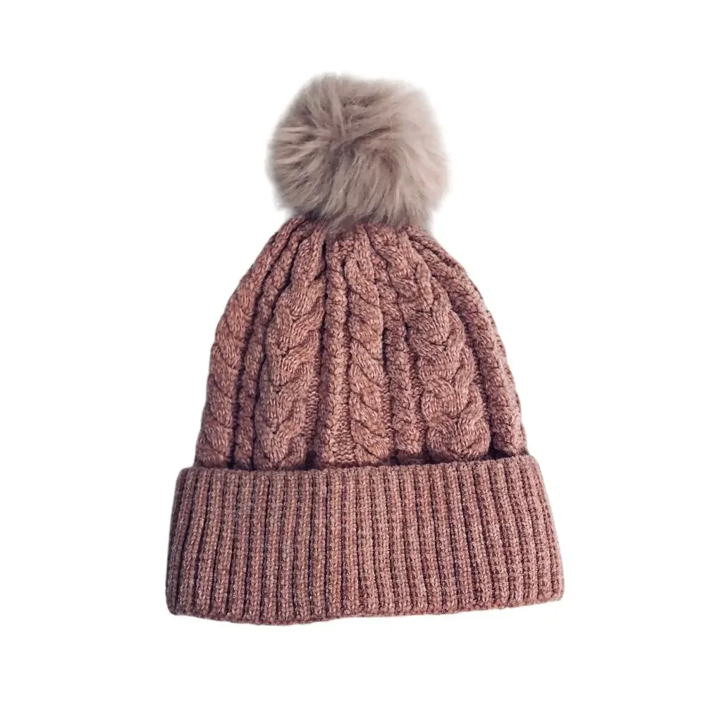 J. Crew Crew Cuts - Pink Cable Knit Faux Fur Pom Winter Beanie Hat -M/L- NWT